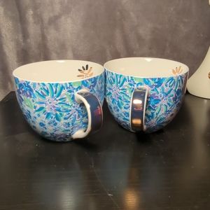 Lilly Pulizter artistic coffee or tea mugs pretty blue floral design, lot of 2